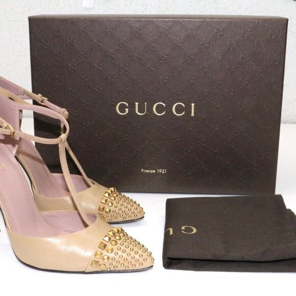 Gucci Leather Coline Studded T Strap Pumps IT 37 US 7 - Beige - Picture 1 of 15